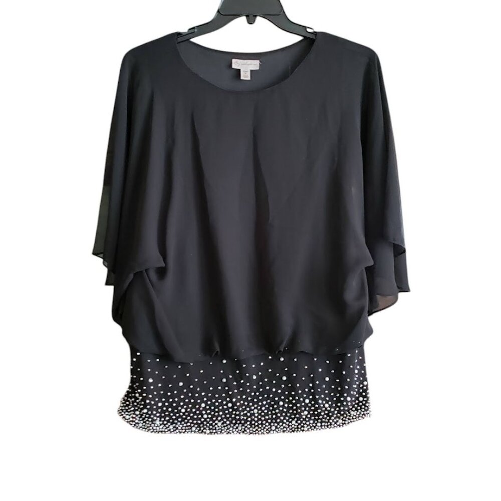 DB Dressy Top Women's Plus 1X Stretch Jersey Knit Sheer Overlay Beaded Band